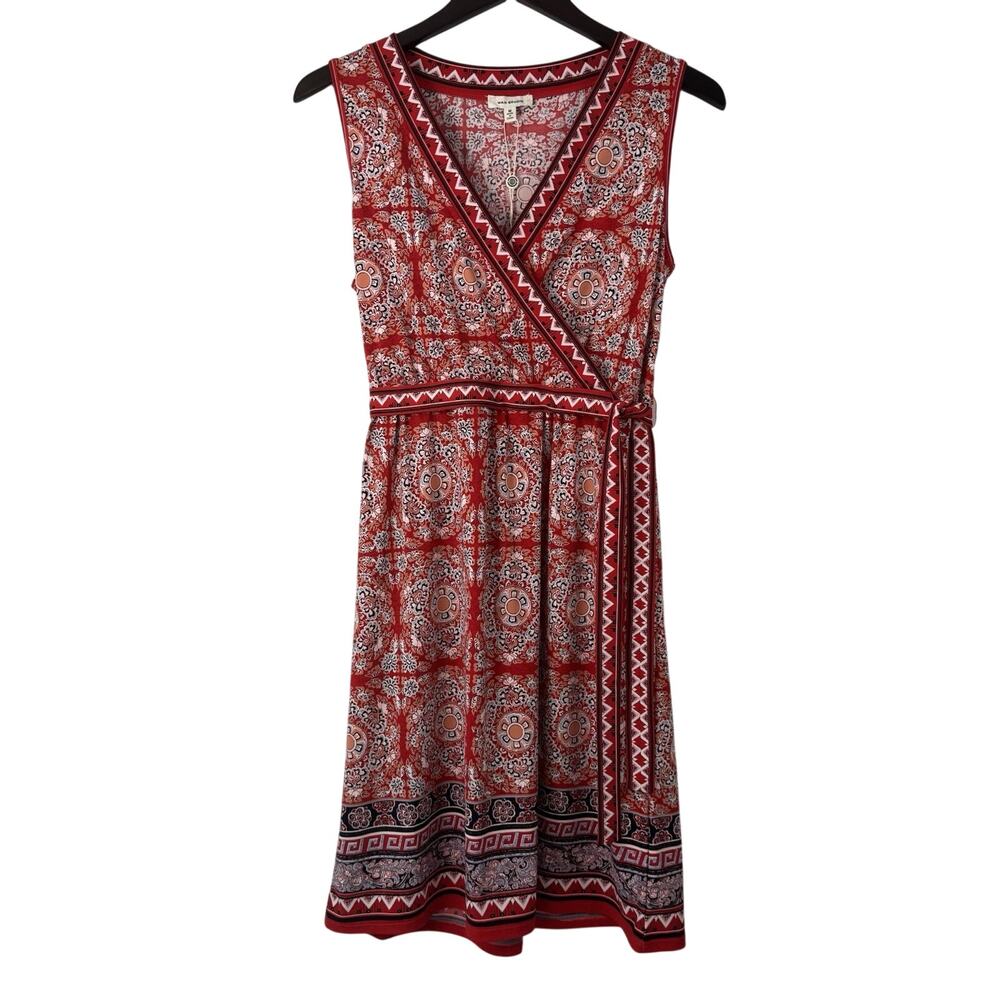 Max Studio Geometric Faux Wrap Tie Sleeveless Dress Women's Medium Red Stretch